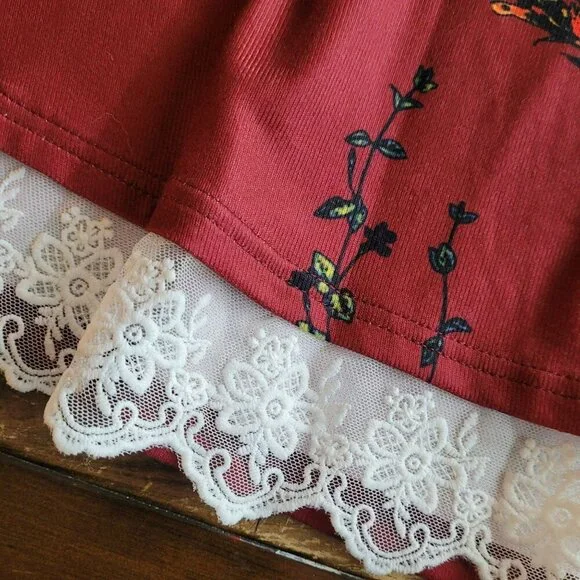 Wekili Floral Burgundy Long Sleeve Tunic With Lace Hem size M - Picture 3 of 5